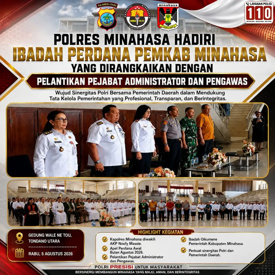 POLRES MINAHASA HADIRI IBADAH PERDANA PEMKAB MINAHASA YANG DIRANGKAIKAN DENGAN PELANTIKAN PEJABAT ADMINISTRATOR DAN PENGAWAS